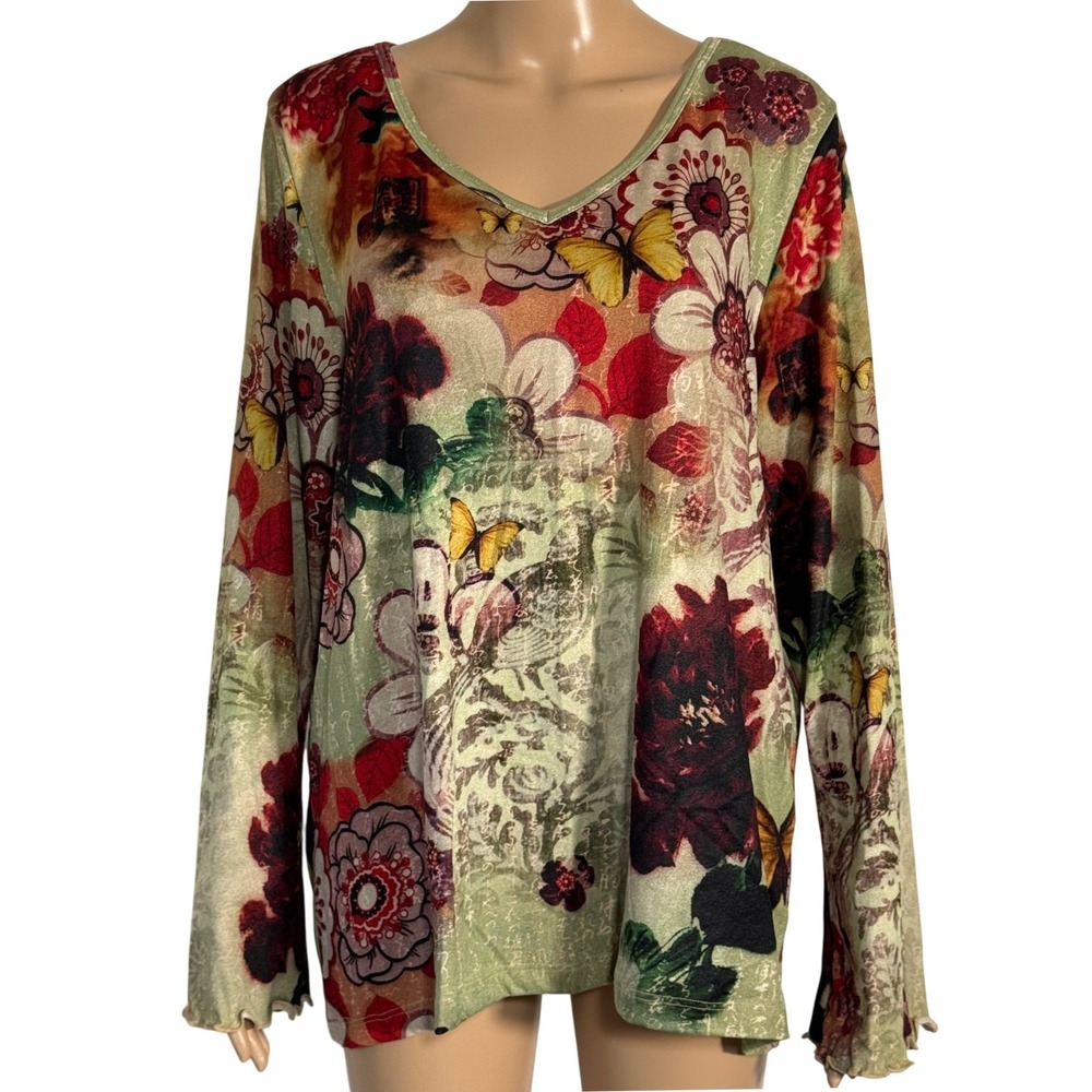Xcit USA Vintage Floral Butterfly V-Neck Top Long Sleeve Lettuce Edge 1X NWT